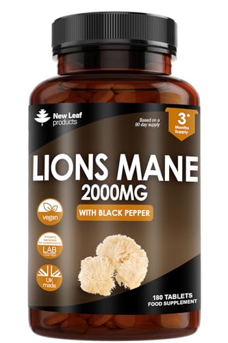 Lions Mane Mushroom Extract Supplement 2000mg - 180 High Strength Vegan Tablets with Black Pepper - (Not Powder or Capsules) Made in The UK by New Leaf Products