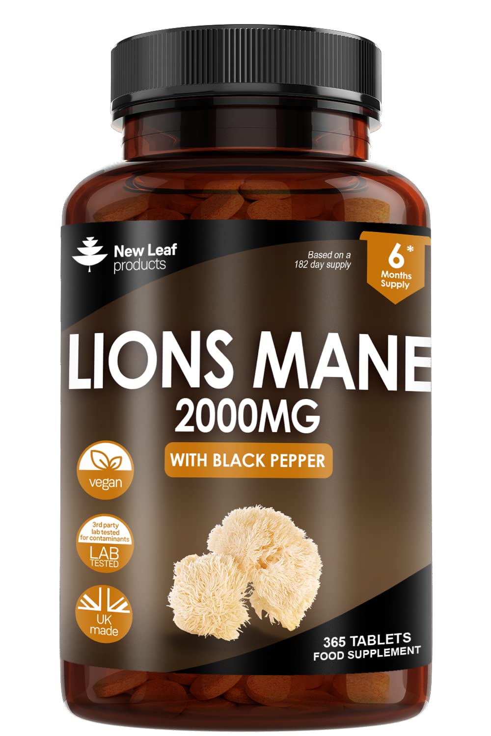 Lions Mane Mushroom Extract Supplement 2000mg - 180 High Strength Vegan Tablets with Black Pepper - (Not Powder or Capsules) Made in The UK by New Leaf Products