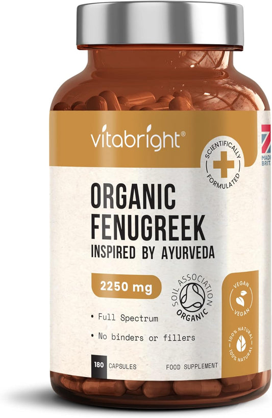 Organic Fenugreek Capsules - 2250mg High Strength - 180 Capsules (not Tablets) - 60 Day Supply - Supports Healthy Blood Sugar Levels and Healthy Cholesterol Levels - Vegan - VitaBright