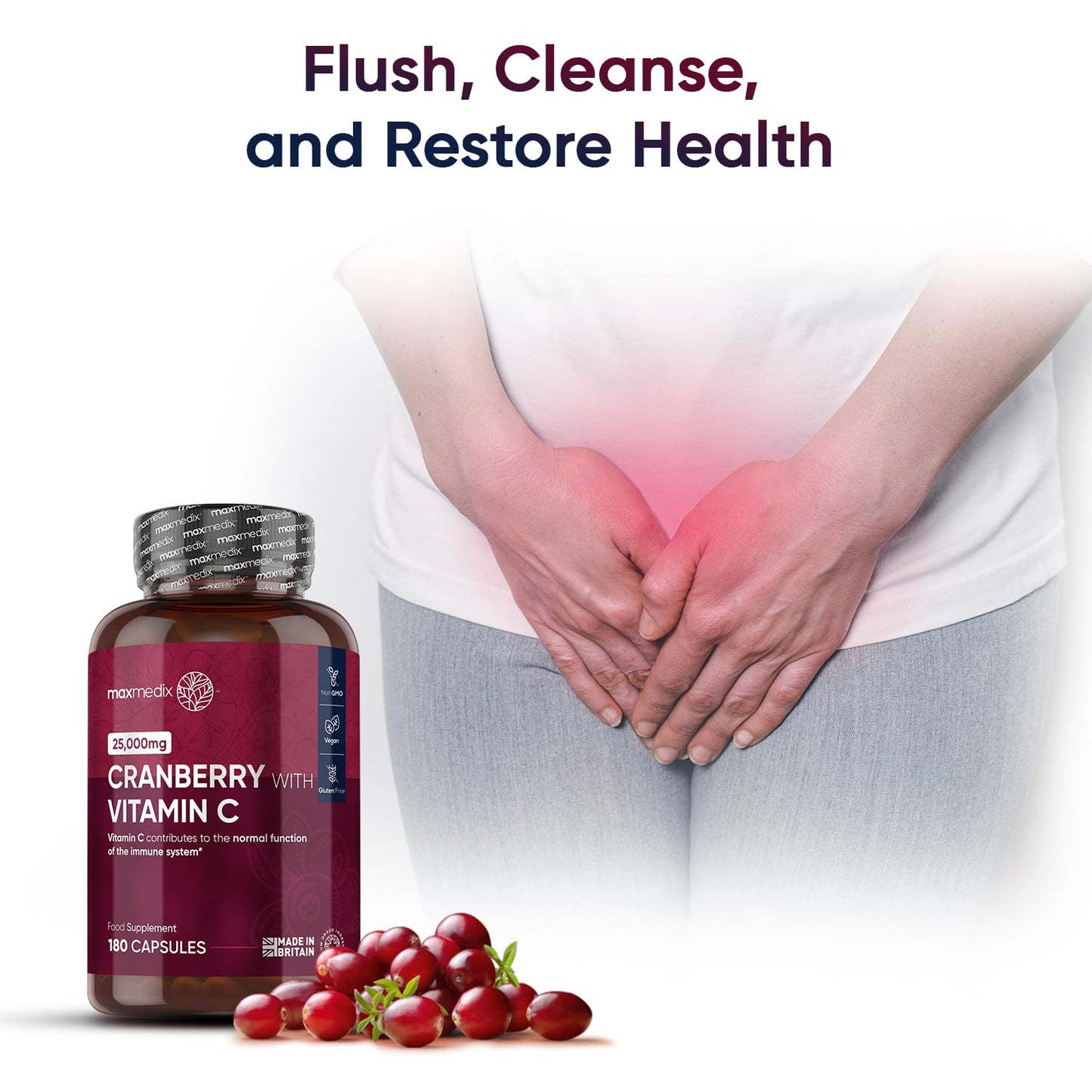 Cranberry Capsules High Strength 50000mg per 2 Capsules - 180 Vegan Capsules with Vitamin C - Alternative to Cranberry Tablets - Concentrated Cranberry Supplements for Women & Men - Made in The UK