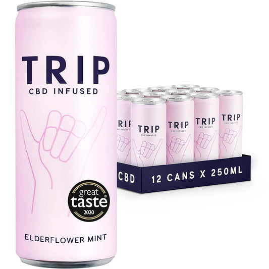 TRIP CBD Drink, Sparkling Elderflower Mint Fizzy Drink, Low Calorie, Vegan, Stress & Anxiety Relief (Pack of 12 x 250ml)